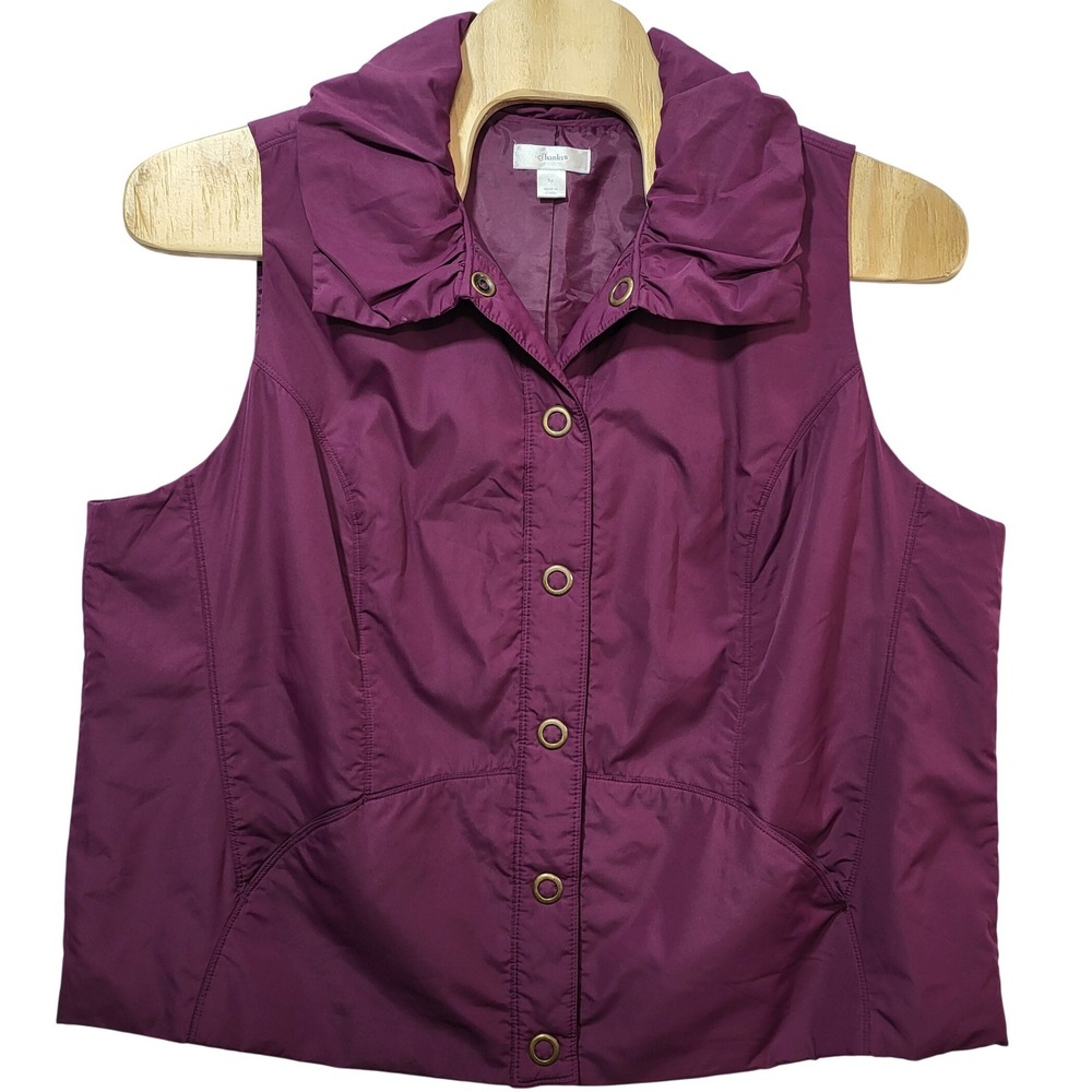 CJ Banks Womens 3X Plum Purple Quilted Vest Ruffle Collar‎ Snap Front Pockets